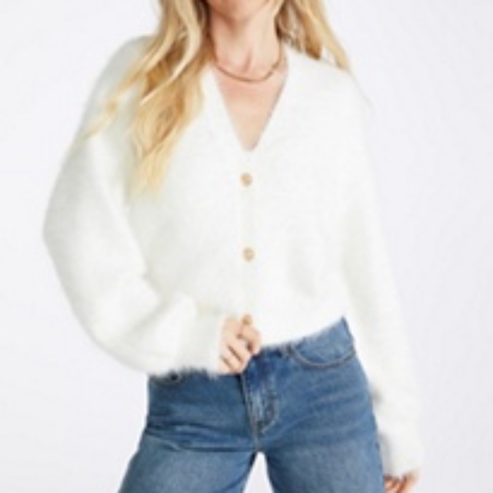 FUZZY BLOUSON SLEEVE CARDIGAN BRIGHT WHITE LARGE NWT